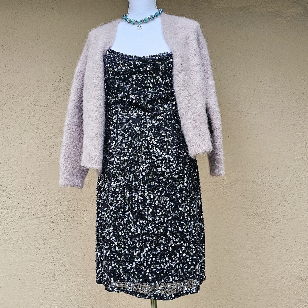 *Flawed* NWT Nordstrom Silver & Black Sequined 100% Silk Mini Dress Size 10